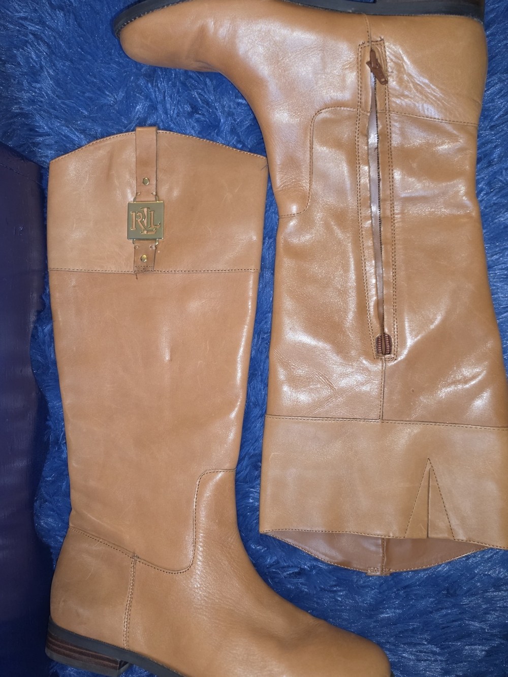 Ralph Lauren Tan Leather Over-the-Knee Riding Boots with Gold RL Plaque Size 9.5